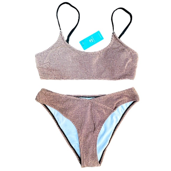 NWT Cupshe Rib Mineral Wash Scoop Neck Top & Hipster Bikini Set- Coffee - Picture 2 of 6
